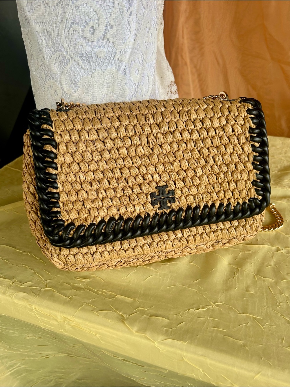 Tory Burch Natural Straw Crossbody with Black Trim and Gold Chain - Picture 3 of 13